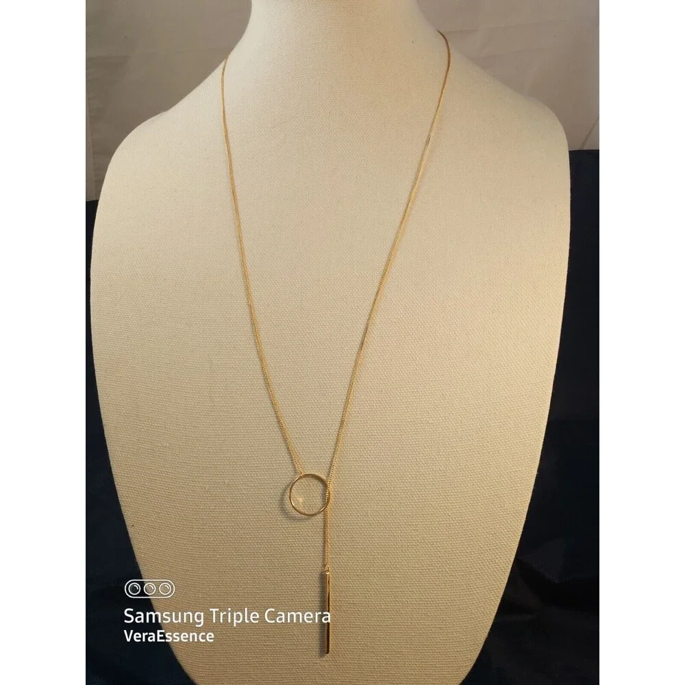 Sterling Forever Gold Plated Brass Circle & Bar Lariat long Necklace